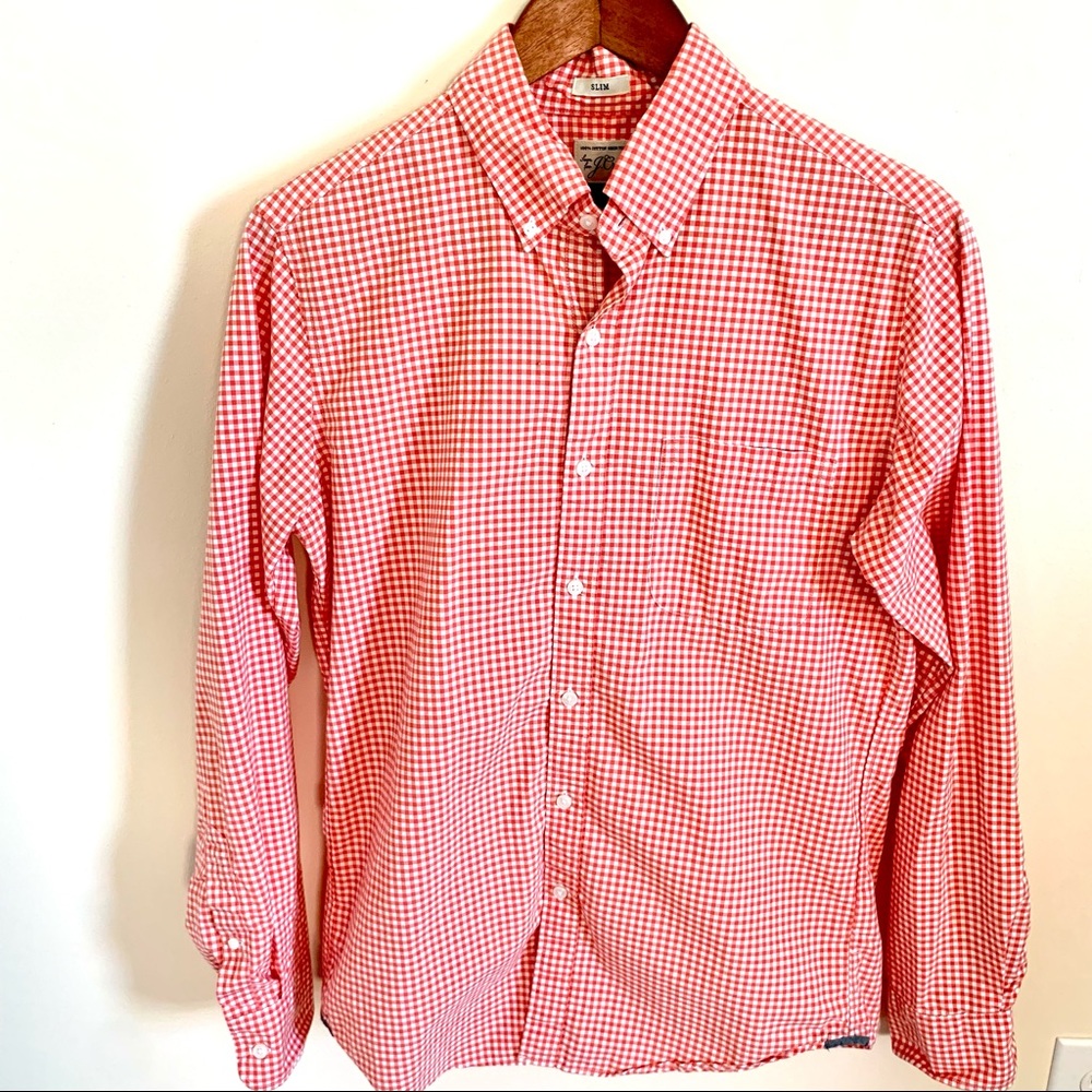 J. Crew Red Gingham Button Down Shirt, Slim Fit, 100% Cotton